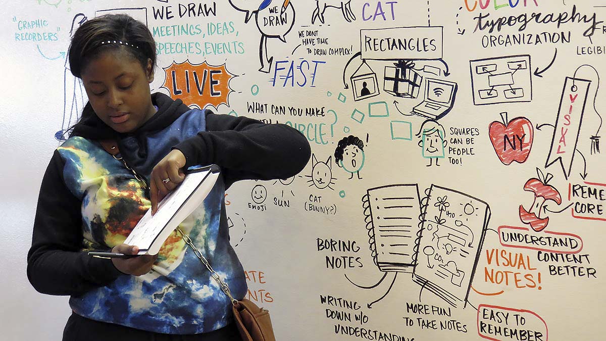 An EMBARC student explains his sketchbook drawing