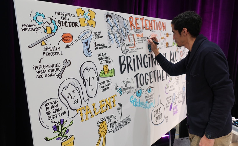 An visual note-taker practices improving his handwriting on a board