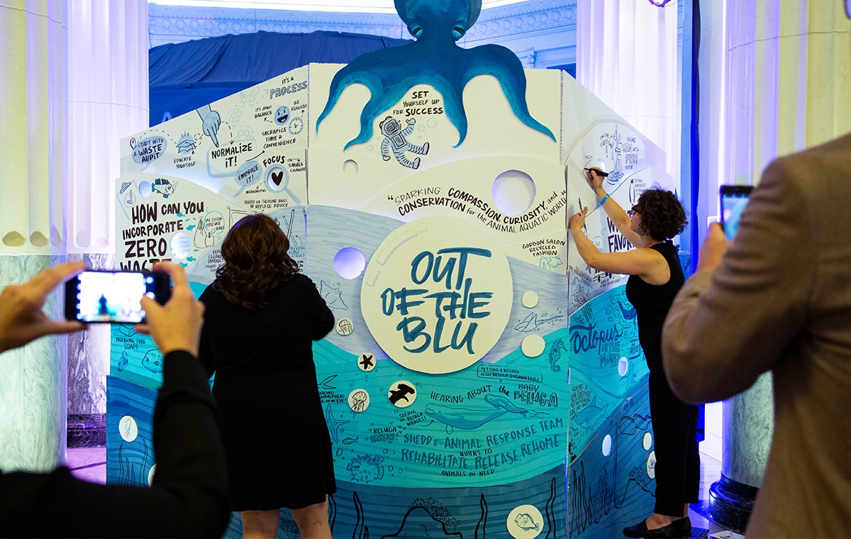Artists draw an event activation at the shedd aquarium in Chicago