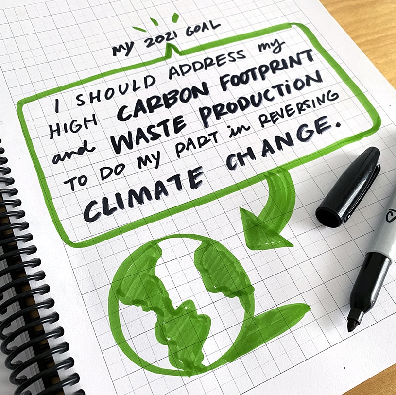 A drawing in a sketchbook of a goal to reduce carbon emissions in 2021