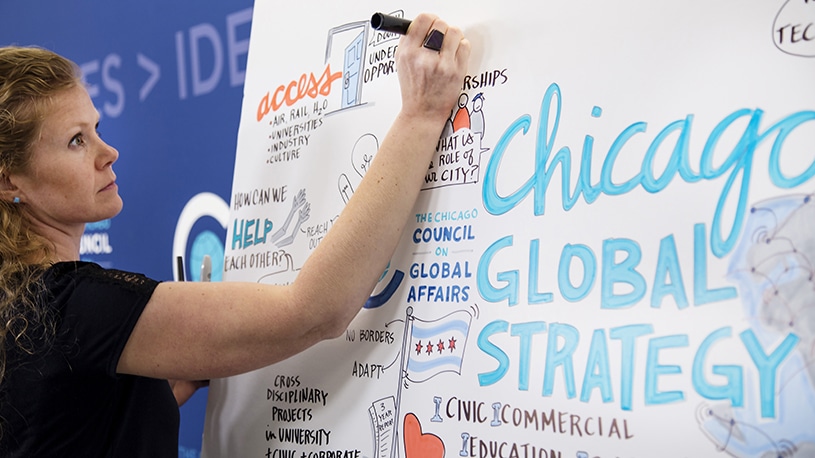 Visual note-taker draws on a board