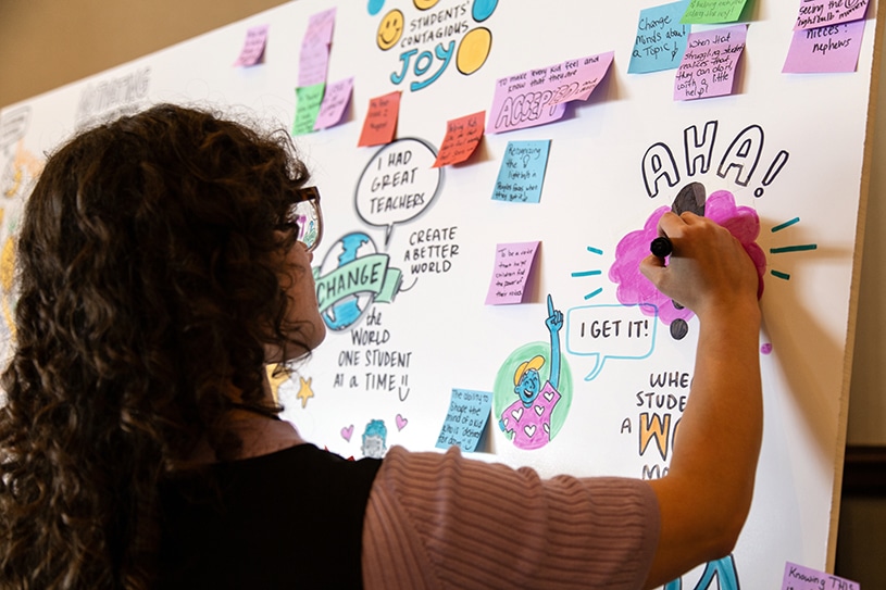 An artist draws brainstorm ideas on a board of visual notes